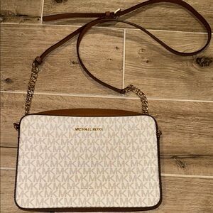 Michael Kors Cream and Brown Crossbody Bag with Gold Hardware